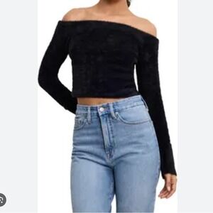 NWT GOOD AMERICAN Off Shoulder Fuzzy‎ Crop Sweater Top 4XL Black